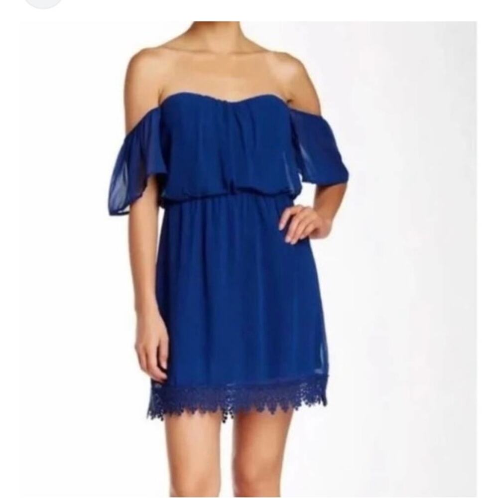 Socialite XS Blue Sheer Off Shoulder Baby Doll Dress